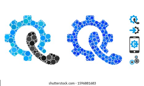 Phone configuration composition of filled circles in different sizes and color hues, based on phone configuration icon. Vector filled circles are organized into blue composition.