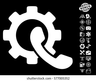 Phone Configuration pictograph with bonus quad copter tools design elements. Vector illustration style is flat iconic white symbols on black background.