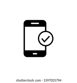 Phone confirmation icon in black flat on white background, Mobile phone icon with check sign
