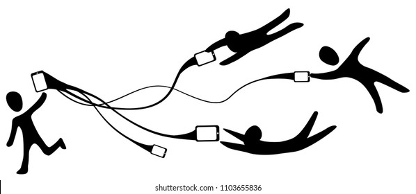 Phone connected dragging figure stencils black, vector illustration, horizontal, over white, isolated