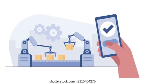 The phone is connected to the industry. Industry 4.0 factory works robotic arm. Smart industrial revolution