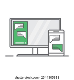 Phone connected on computer. share screen phone and computer, linear icon isolated white background.