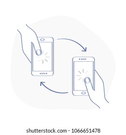 Phone Connection. Two Mobile Smartphones In Human Hands With Rotation Arrow, Incoming Calls, Data Change, Communication, Sharing, Data Exchange. Send And Receive Information, Files. 