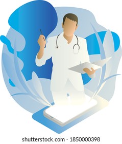 Phone consultation with a doctor. Concept art. Male black doctor coming out from smartphone. He's talking with his patient through medical app and taking notes or writing prescription. Blue background