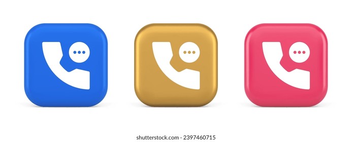 Phone consulting live chat emergency help assistance button web app design 3d realistic blue gold and pink icons. Telephone helpline communication texting messaging helpline call