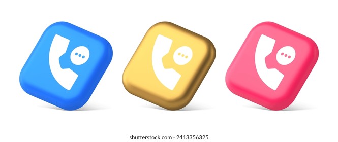 Phone consulting live chat emergency help assistance button web app design 3d realistic blue gold and pink icons. Telephone helpline communication texting messaging helpline call