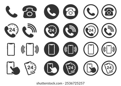 Phone contact connection icon symbol set. Smartphone, Old phone logo sign shape collection. 24 7 hour service. Vector illustration image. Isolated on white background.