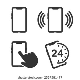 Símbolo de ícone de conexão do contato telefônico definido. Coleção de formas de sinal de logotipo de smartphone. Serviço 24 horas e 7 horas. Imagem de ilustração vetorial. Isolado no fundo branco.