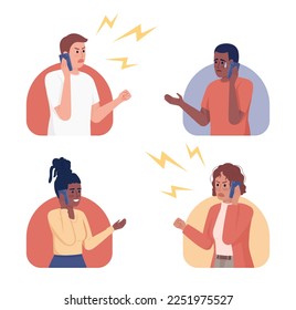 Phone conversation 2D vector isolated illustration set. Rude talk. Crying on cellphone. Callers flat characters on cartoon background. Colorful editable scene pack for mobile, website, presentation