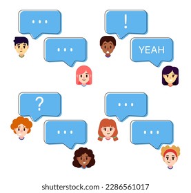 Phone conversation, communication, chat concept. African American, Asian talking, asking questions, chatting about things. Vector illustration of people of different nationalities with speech bubbles.