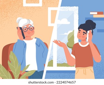 Comunicación de conversación telefónica. La mujer se comunica con su madre o su abuela por teléfono, a distancia y llamando. Conexión inalámbrica, parientes y familia. Dibujo vectorial plano de dibujos animados