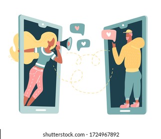 Phone Conversation In Distant Relationship. Boyfriend And Girlfriend Talking On Big Phones, Man Woman Characters. Couple In Distant Relationship. Quarantine Social Distance. Flat Vector Illustration.