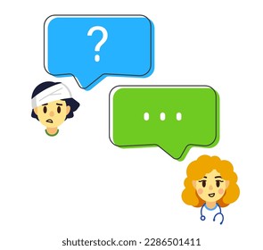 Phone conversation with a therapist in chat, communication, messenger and online consultation. The patient asks the doctor a question. Help. Vector illustration of two people with speech bubbles