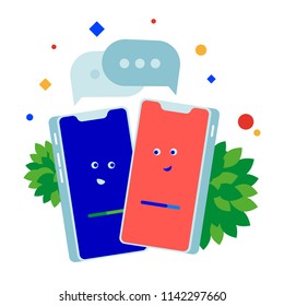 Phone conversation. Two phones talking to each other. Flat illustration. Separate objects. Isolate.