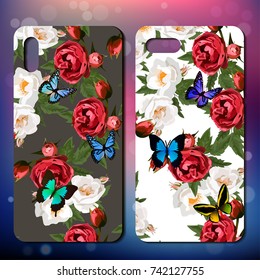 Phone cover or background with roses and butterflies. Floral collection. Roses for smart phone cover