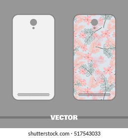 Phone cover with bright floral pattern. Vector illustration.