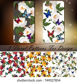 Phone cover or case template with roses and butterflies. Set of 3 rose and butterflies patterns for love, background or invitation