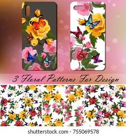 Phone cover or case template with roses and butterflies. Set of 3 rose and butterflies patterns for love, background or invitation