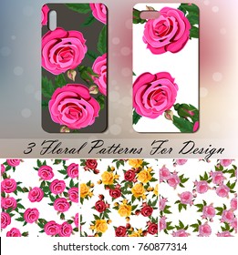 Phone cover or case template with roses. Set of 3 rose patterns for love, background or invitation
