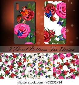 Phone cover or case template with roses and butterflies. Set of 3 rose and butterflies patterns for love, background or invitation