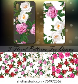 Phone cover or case template with roses. Set of 3 rose patterns for love, background or invitation