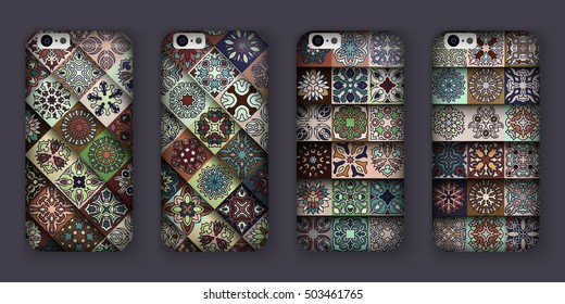 Phone cover collection, boho style pattern. Vector background. Vintage decorative elements. Hand drawn background. Islam, arabic, indian, ottoman motifs