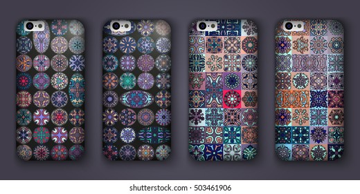 Phone cover collection, boho style pattern. Vector background. Vintage decorative elements. Hand drawn background. Islam, arabic, indian, ottoman motifs