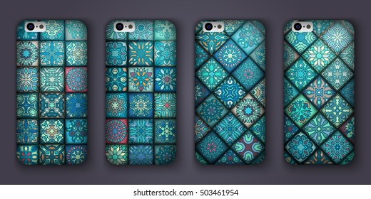 Phone cover collection, boho style pattern. Vector background. Vintage decorative elements. Hand drawn background. Islam, arabic, indian, ottoman motifs