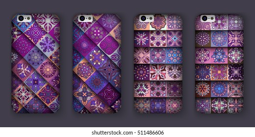 Phone cover collection, boho style pattern. Vector background. Vintage decorative elements. Hand drawn background. Islam, arabic, indian, ottoman motifs