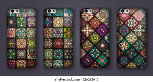 Phone cover collection, boho style pattern. Vector background. Vintage decorative elements. Hand drawn background. Islam, arabic, indian, ottoman motifs