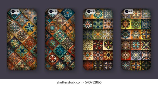Phone cover collection, boho style pattern. Vector background. Vintage decorative elements. Hand drawn background. Islam, arabic, indian, ottoman motifs