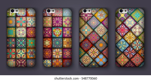 Phone cover collection, boho style pattern. Vector background. Vintage decorative elements. Hand drawn background. Islam, arabic, indian, ottoman motifs