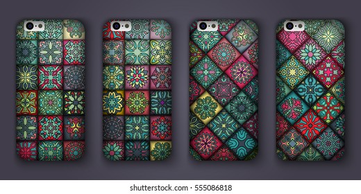 Phone cover collection, boho style pattern. Vector background. Vintage decorative elements. Hand drawn background. Islam, arabic, indian, ottoman motifs