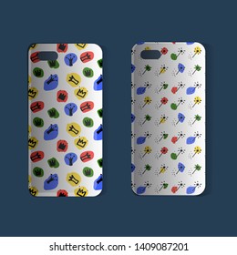Phone cover with crown, dots, magic stick. Black silhouette doodle crowns and a magic wand and blue, red, yellow, green colored sloppy spots. Hand-drawn pattern. Little princess design