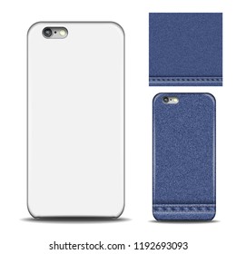 Phone cover design. Reverse side of smartphone. Denim texture pattern for design. Mock up with an example isolated on white background. Vector illustration
