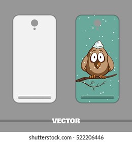 Phone cover with hand drawn funny sparrow. Vector illustration
