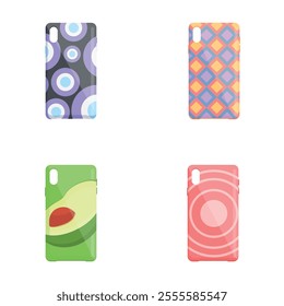 Phone cover icons set cartoon vector. Smartphone case with decorative ornament. Smartphone accessory