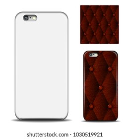 Phone cover. Reverse side of smartphone. Leather texture pattern for design. Mock up with an example. isolated on white background Vector illustration