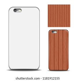 Phone cover. Reverse side of smartphone. Wood texture pattern for design. Mock up with an example. isolated on white background. Vector illustration