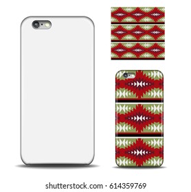 Phone cover. Reverse side of smartphone. Ethnic pattern for design. Mockup with an example. Vector illustration