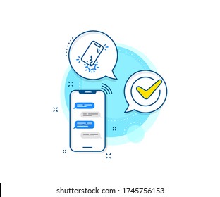 Phone crack sign. Phone messages complex icon. Smartphone broken line icon. Mobile device crash symbol. Messenger chat screen banner. Smartphone broken sign. Vector