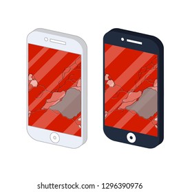 Phone with a cracked screen. Broken smartphone with red display. Broken glass. The problem with the repair of equipment. A virus and a breakdown in the isometry.