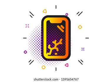 Phone crash sign. Halftone circles pattern. Smartphone broken icon. Mobile device crack symbol. Classic flat smartphone broken icon. Vector
