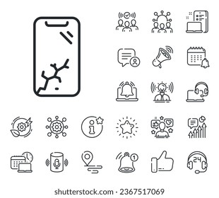 Phone crash sign. Place location, technology and smart speaker outline icons. Smartphone broken line icon. Mobile device crack symbol. Smartphone broken line sign. Vector