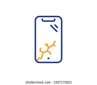 Phone crash sign. Smartphone broken line icon. Mobile device crack symbol. Colorful outline concept. Blue and orange thin line smartphone broken icon. Vector