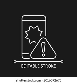 El teléfono bloquea el icono lineal blanco para el tema oscuro. Smartphone y signo de exclamación. Reiniciar y congelar. Ilustración personalizable de línea delgada. Símbolo de contorno vectorial aislado para el modo nocturno. Trazo editable