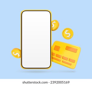 Phone with credit card and coins isolated on blue background. Mobile banking and online payment service. Smartphone money transfer online. Vector 3d illustration
