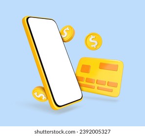 Phone with credit card and coins isolated on blue background. Mobile banking and online payment service. Smartphone money transfer online. Vector 3d illustration
