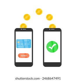 A phone with a credit card and a send button on the screen transfers gold coins to another phone with a green checkmark icon