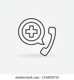 Phone with Cross in Speech Bubble outline icon. Emergency Call vector Medical Support concept symbol in thin line style